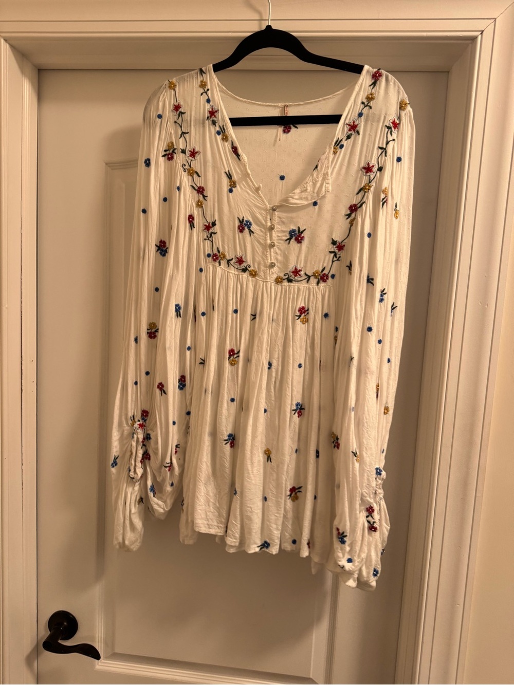 Free People Cream Boho Embroidered Long Sleeve Top
